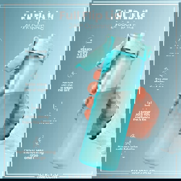 A light teal water bottle with a flip lid is held; the lid is open, showing a 240° opening. The bottle is labeled “SLIM RECYCLON™”.