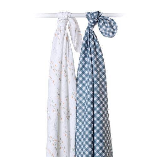 Lulujo - Cotton Swaddle - Fish & Navy Gingham - 2 Pack