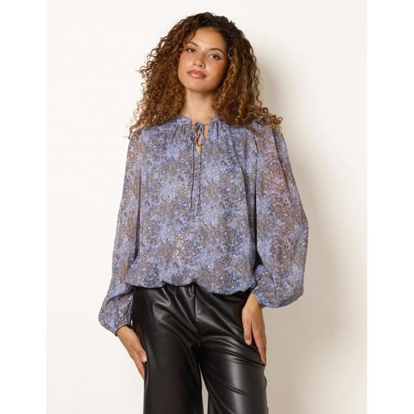 Blue Vanilla Metallic Leopard Print Tie Neck Puff Ball Blouse