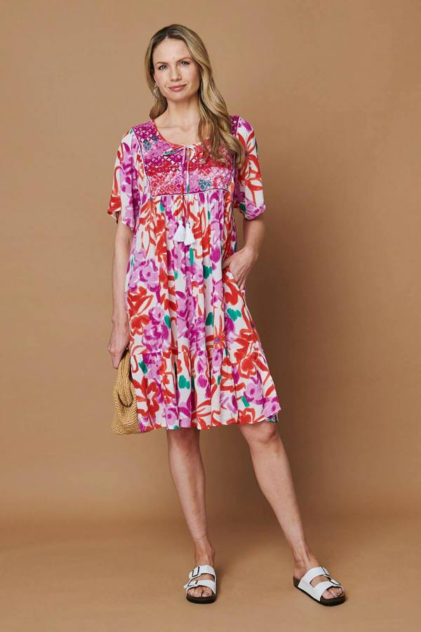 Pink | Printed Tassel Knee Length Smock Dress