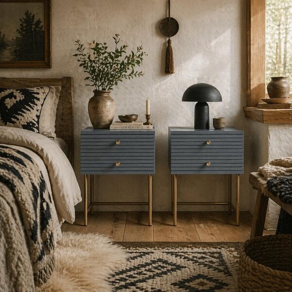 Wyld Haus Lika Set Of 2 Grey And Gold Elegant Bedside Tables Ribbed Drawers