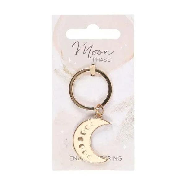 Gold-tone crescent moon enamel keyring with round split ring and small charm