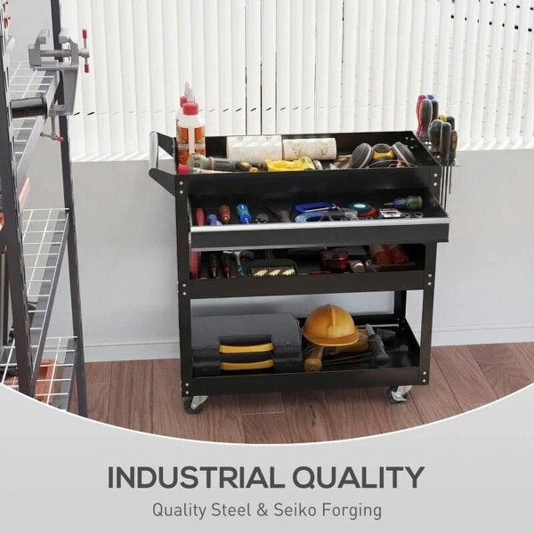 Bobobiy 3-Tier Tool Trolley Cart Storage Shelf Roller Cabinet DIY Box Garage Workshop with Drawer Black