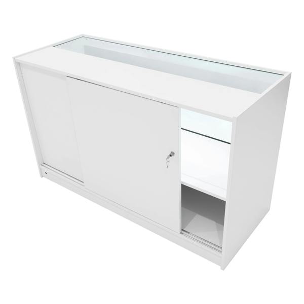 Sleek white Andromeda LED shop counter set with sliding doors, glass display top, and modern design for retail environments