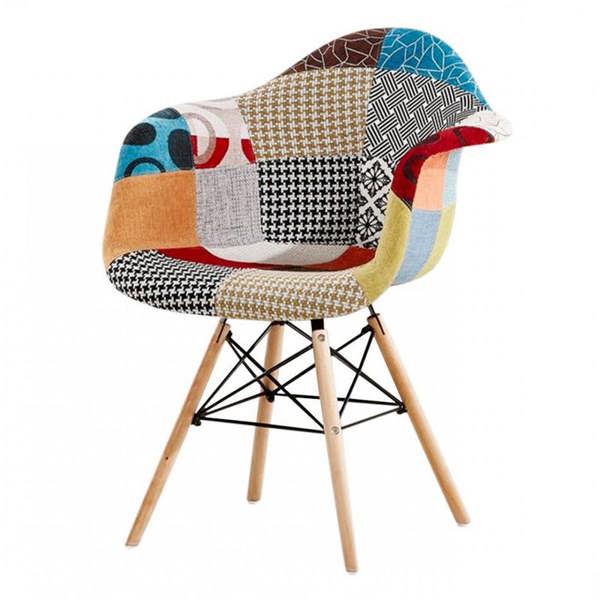 Life Interiors Single Colorful Patchwork Tub Accent Chair, Wooden Legs & Metal Wire Frame, Mid Century Modern Dining Chair