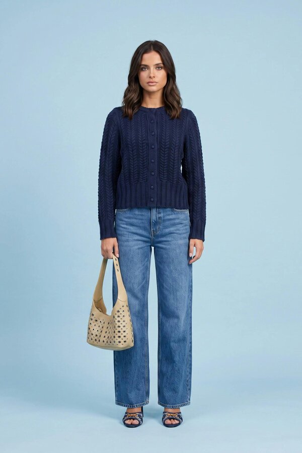 Urban Bliss Wool Blend Cabled Cardigan Navy