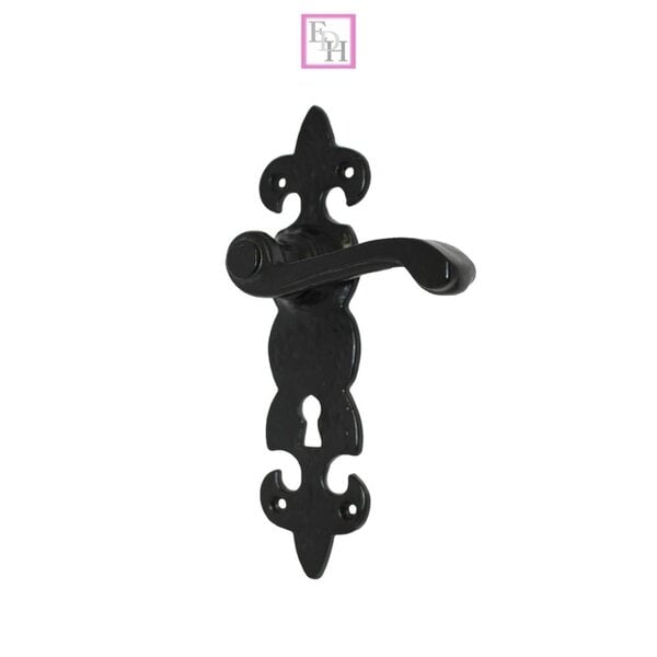 EDH Door Hardware Black Cast Iron Fleur-de-Lys Lever Lock Door Handles  Ornate Antique Internal