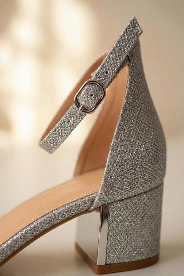 Bella Womens Glitter Block Heel Sandals - SILVER