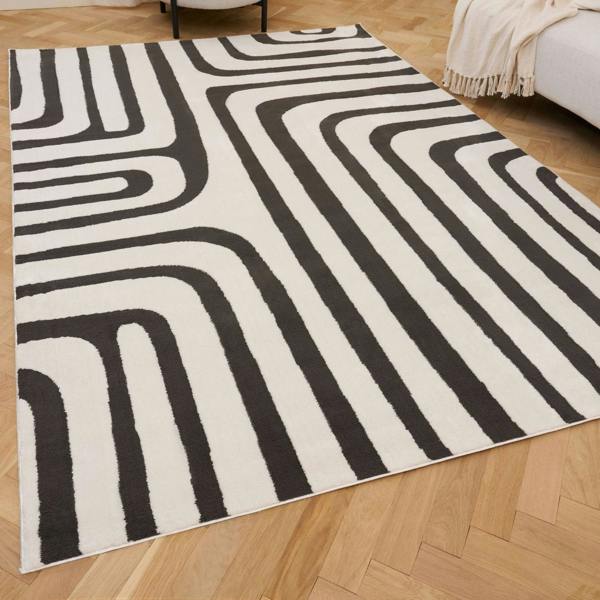 Black and white patterned rug on a wooden floor