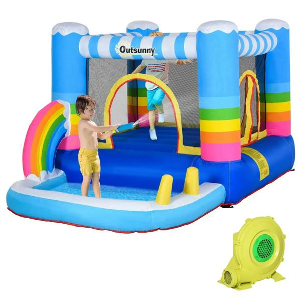 Kids inflatable bounce house with trampoline pool, rainbow doors, blue frame, air pump