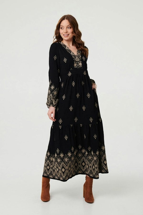 Black | Border Print Long Sleeve Maxi Dress
