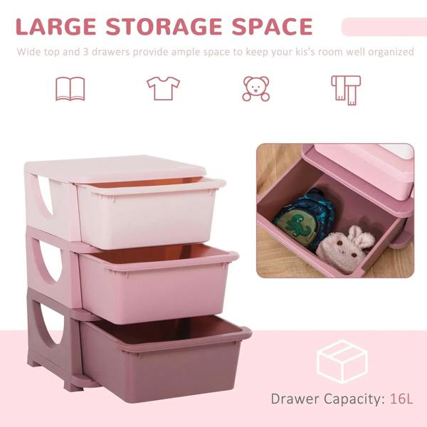 Pink 3-tier plastic storage unit with elevated base and partially open top drawer