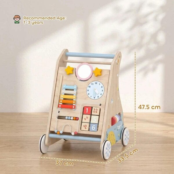 Wooden Baby Walker with Detachable Double-Sided Activity Board, Push Along Walker, Gift for Boys Girls 1-3 Years