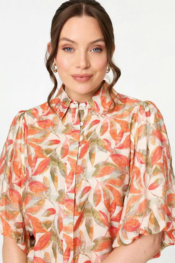Orange | Leaf Print 1/2 Puff Sleeve Shirt