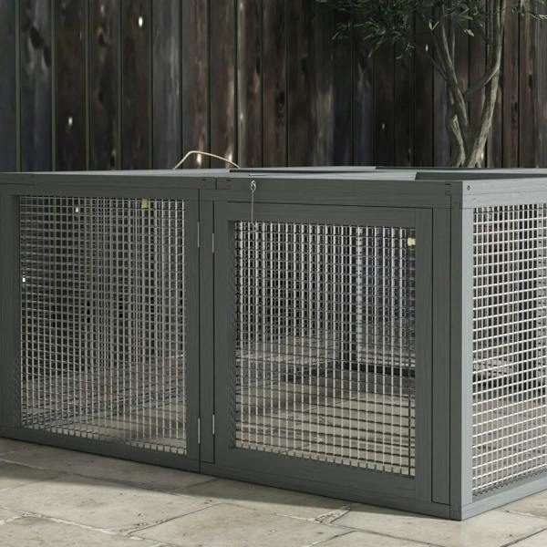 Grey folding rabbit hutch with two front doors and wire mesh panels, close front view