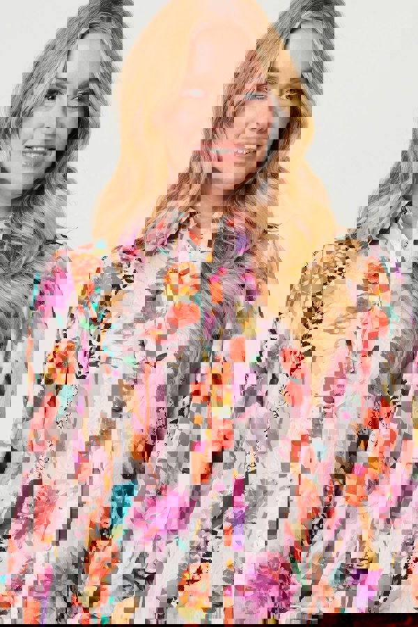 Pink | Abstract Floral Long Puff Sleeve Shirt
