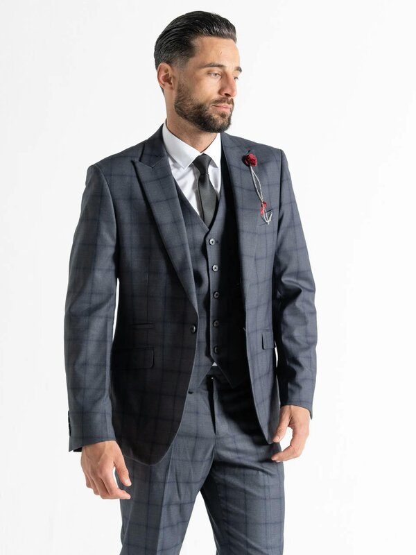 V2 Classic Kensignton Three Piece Suit - Dark Grey with Black Checks