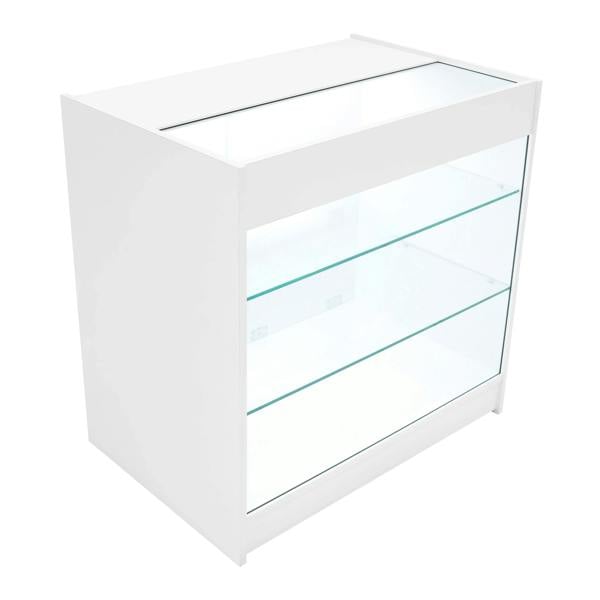Theia LED Shop Counter Set in white features a sleek design with glass shelves, perfect for showcasing products in retail spaces