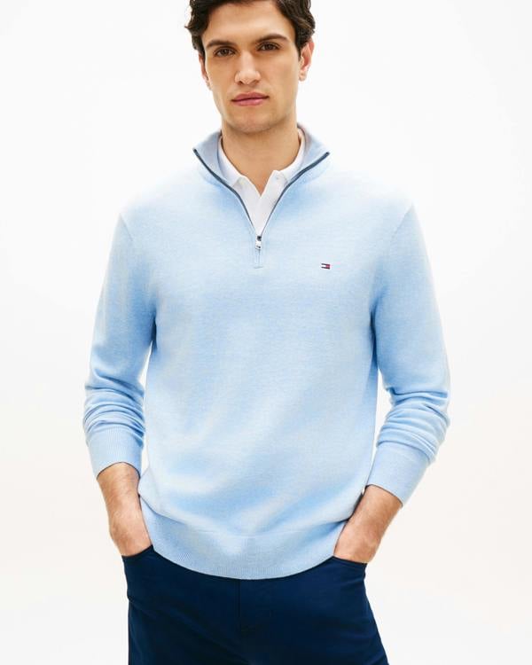 Tommy Hilfiger Essential Cotton 1/4 Zip Mock Mens Sweatshirt - Vessel Blue Heather