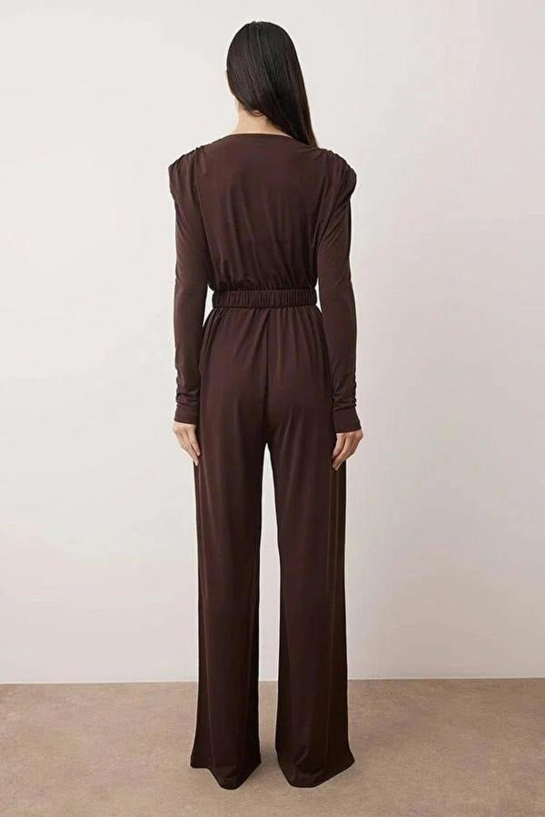 WOVCOR Double-Breasted Padded Knit Night Jumpsuit with Belt Detail