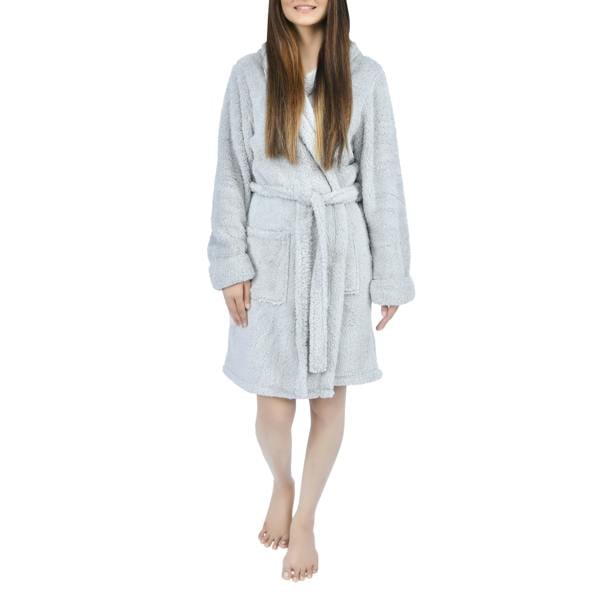Smart Living Women's Faux Fur Fleece Hooded Bathrobe- Grey