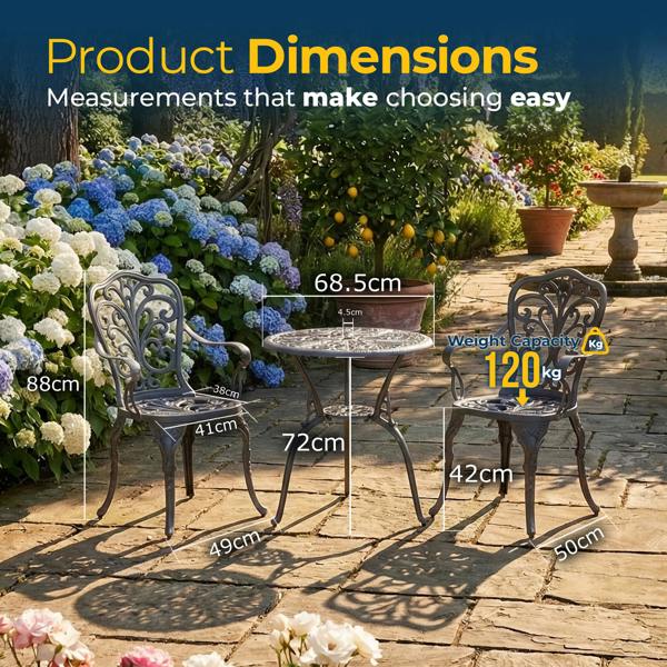 Homeology BANGUI Grey Luxurious Garden and Patio Table and 2 Large Chairs with Armrests Cast Aluminium Bistro Set