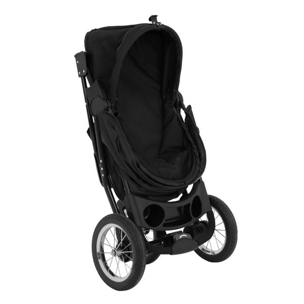 Black pet jogger with a spacious canopy, sturdy wheels, and a sleek design, perfect for outdoor adventures with your pet