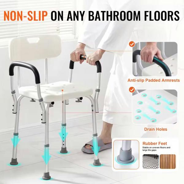 Havendro Shower Chair with Back & Armrests Adjustable Height 350lbs Bath Bench Stool