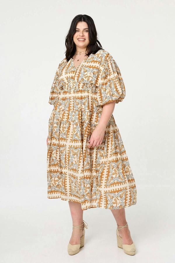 Mustard | Mosaic Print 1/2 Puff Sleeve Midi Dress
