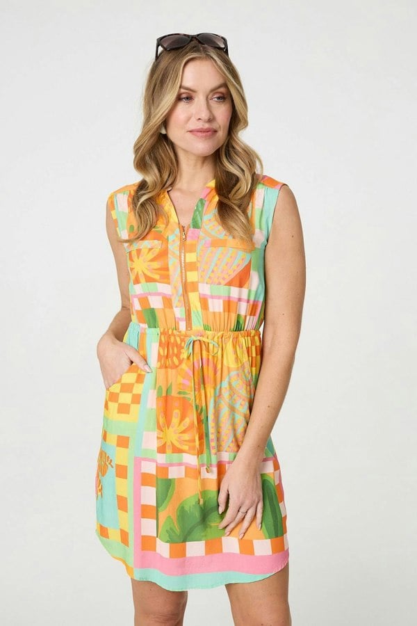 Orange | Patchwork Print Sleeveless Short Dress
