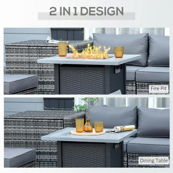 Black and grey gas firepit table in dining setting with flames in tabletop