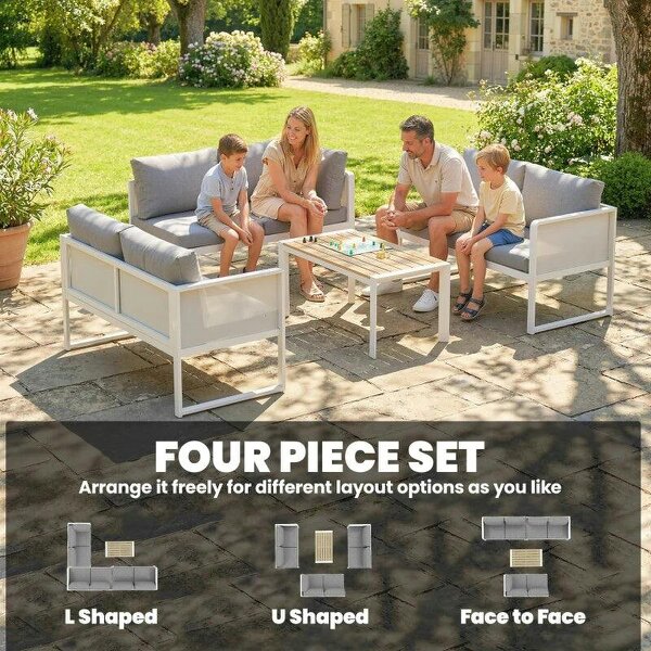 6 Seater Metal Garden Furniture Corner Sofa Set with 3 Loveseats, Faux Wood Table, Texteline Seat, Cushions, White