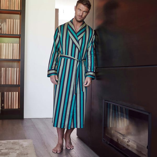 Men's Cotton Dressing Gown – Jade Regimental Satin Stripe - British Boxers