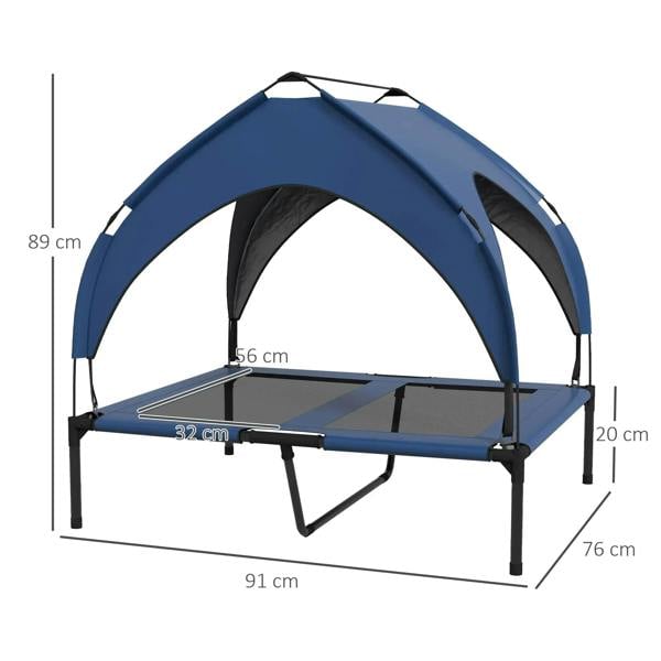 Dark blue elevated dog bed with arched canopy, mesh base, and size measurements