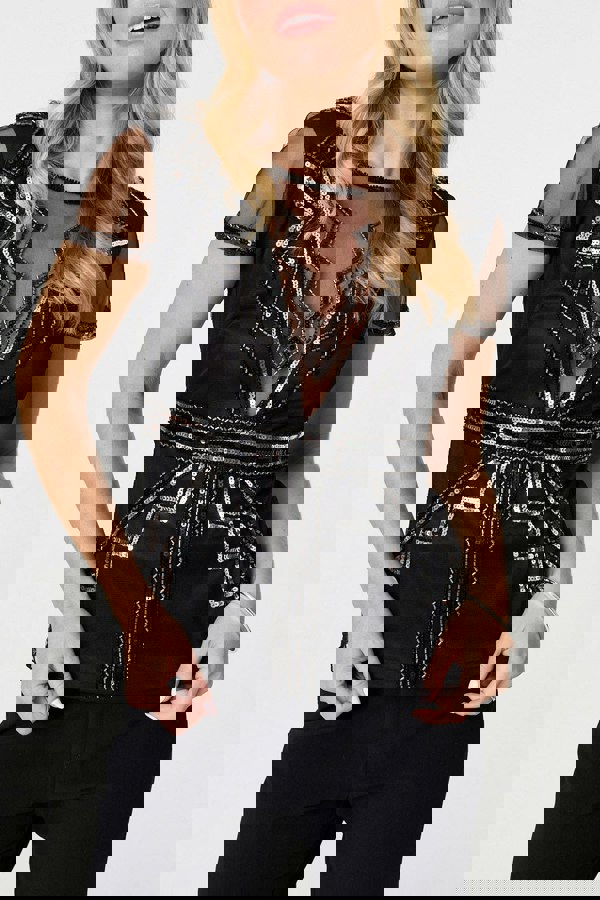 Black | Geometric Sequin Mesh Short Sleeve Top
