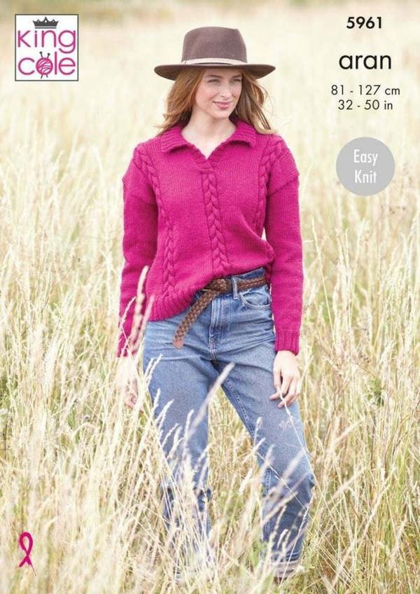 King Cole Wool Aran Knitting Pattern 5961, Sweaters, Slipovers for Women, 32 - 50 Inches - Easy