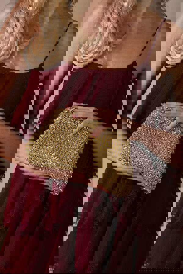 SVNX Crystal Pouch Clutch Bag In Gold