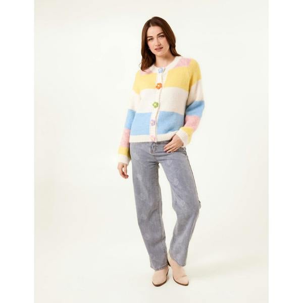 Blue Vanilla Multi Coloured Striped Cardigan With Flower Buttons
