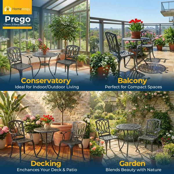 Homeology POSITANO Luxurious Garden and Patio Table and 2 Large Chairs with Armrests Cast Aluminium Bistro Set - Grey