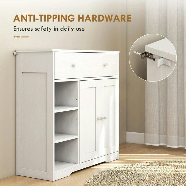 Bathroom Floor Cabinet, Freestanding Bathroom Cabinet with Drawer, Door, Open Shelves, White