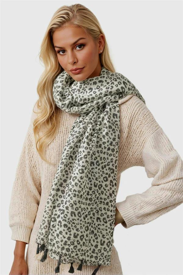 FS Collection Black Leopard Print Tassel Scarf In White