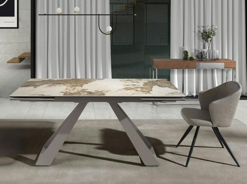 Angel Cerdá Rectangular extending dining table in porcelain marble and taupe grey steel 1117
