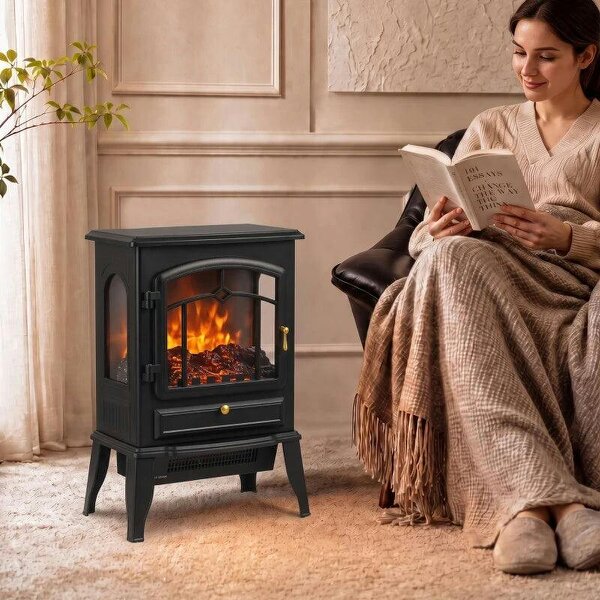 Electric Fireplace Stove, 1000/2000W 3-Sided Freestanding Fireplace Heater with 3D Flame Log, Thermostat, Black