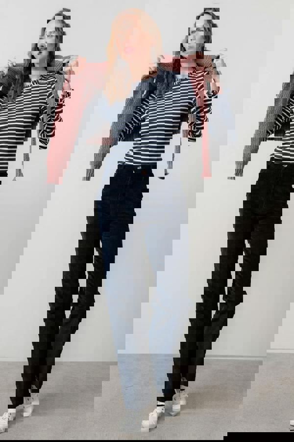 Lily & Me Marnie Striped Frill Neck Top Navy