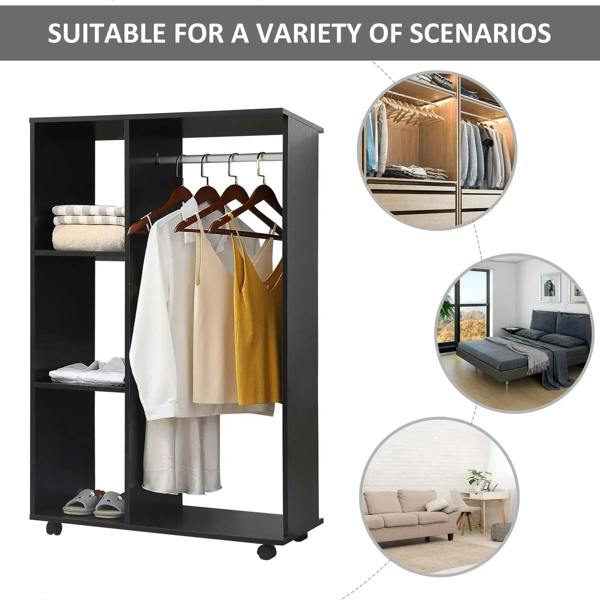 Black wardrobe on wheels with hanging rail and open shelves, shown with inset room views