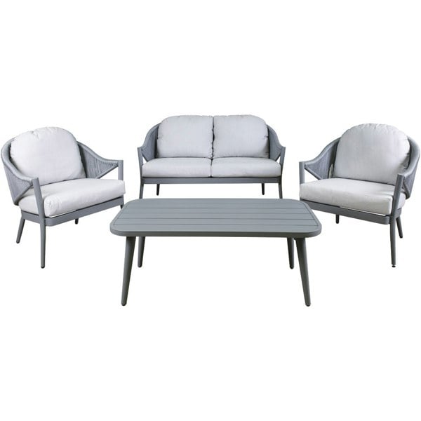 Premium 4 Seater Garden Coffee Table & Parasol Set Grey Aluminium Sofa & Chairs - LoopsDirect