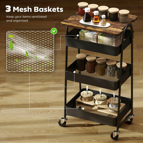 Wyld Haus Rottola Wooden Rustic Brown And Black 3 Tier Kitchen Trolley With Covered Top