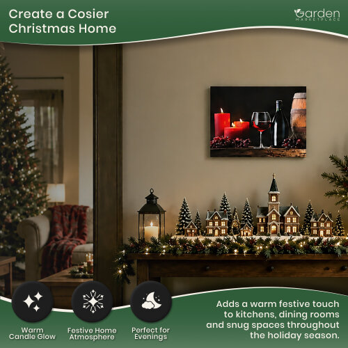 Barrel, Wine and Candles Christmas Canvas Print with LED Lights, 3 Flickering Candle Effects, 40 x 30 cm