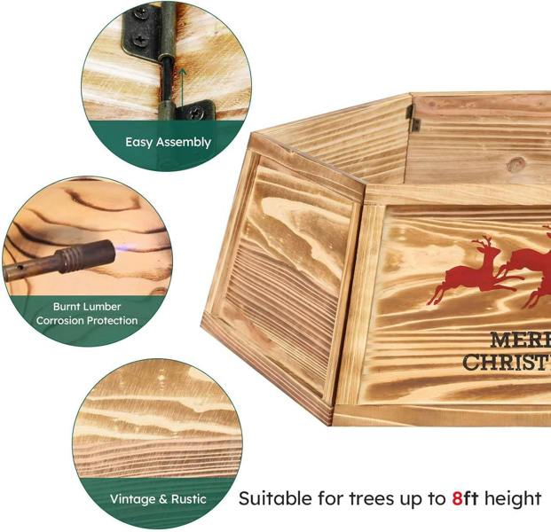 31.5 inch Hexagon Wooden Christmas Tree Collar with Burnt Finish for Festive Tree Stands image 9