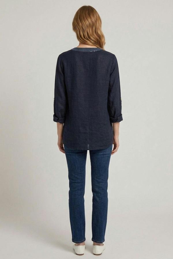 Navy | Sequin Trim 3/4 Sleeve Relaxed Shirt